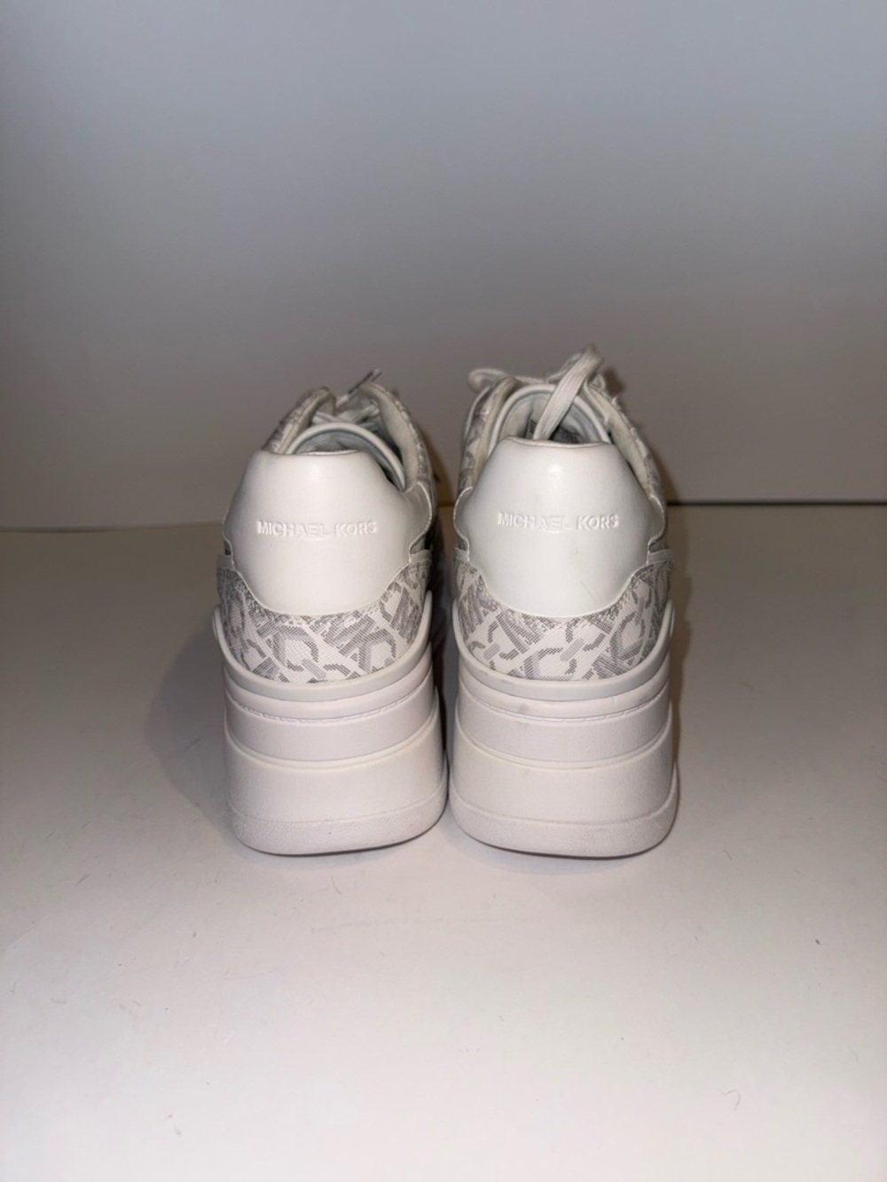 Michael Kors Cream and White MK Monogram Platform Sneakers - Picture 3 of 6